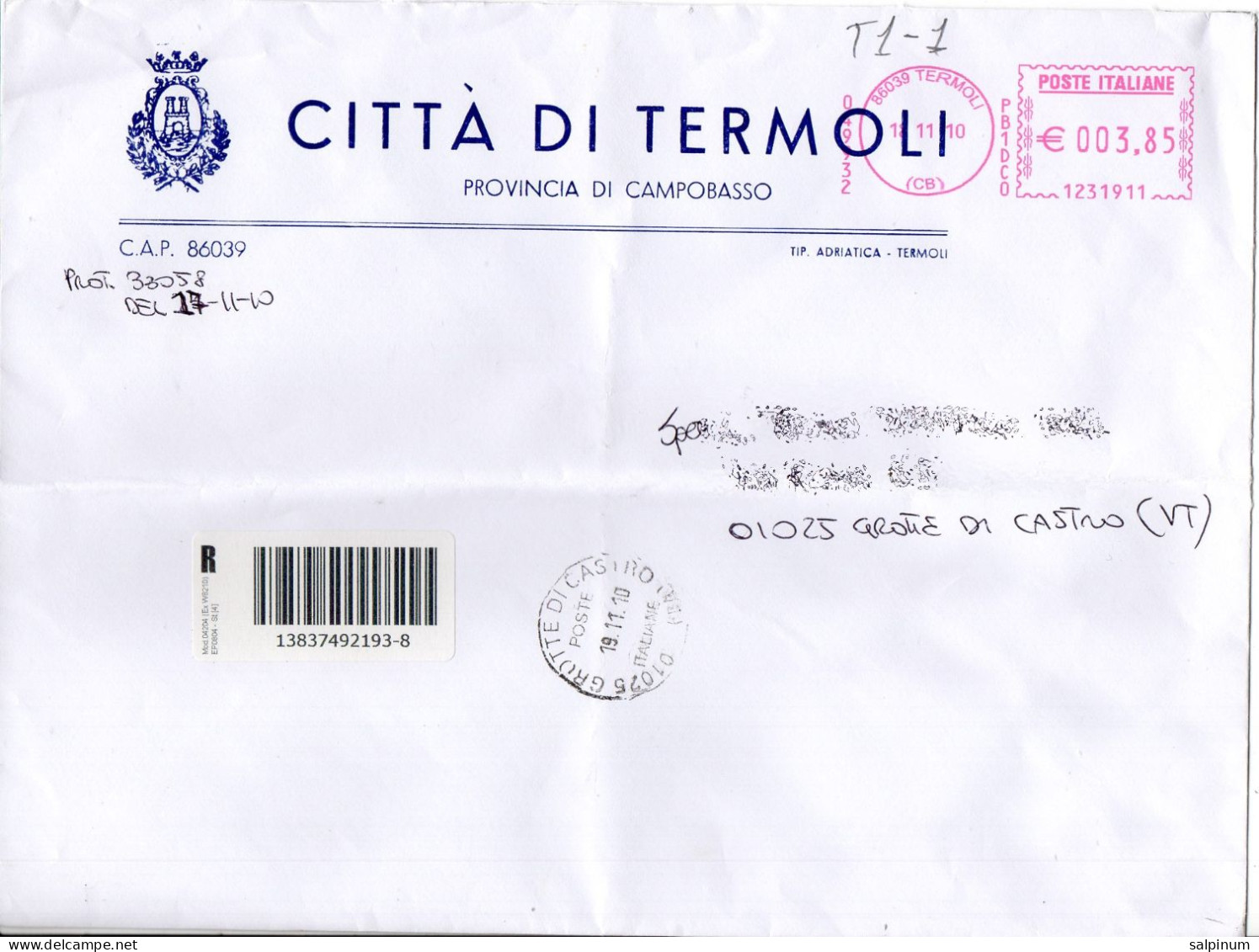 Stemma Comune Di Termoli (Provincia Di Campobasso) Su Busta Tipo 1 Anno 2010 - Briefe U. Dokumente