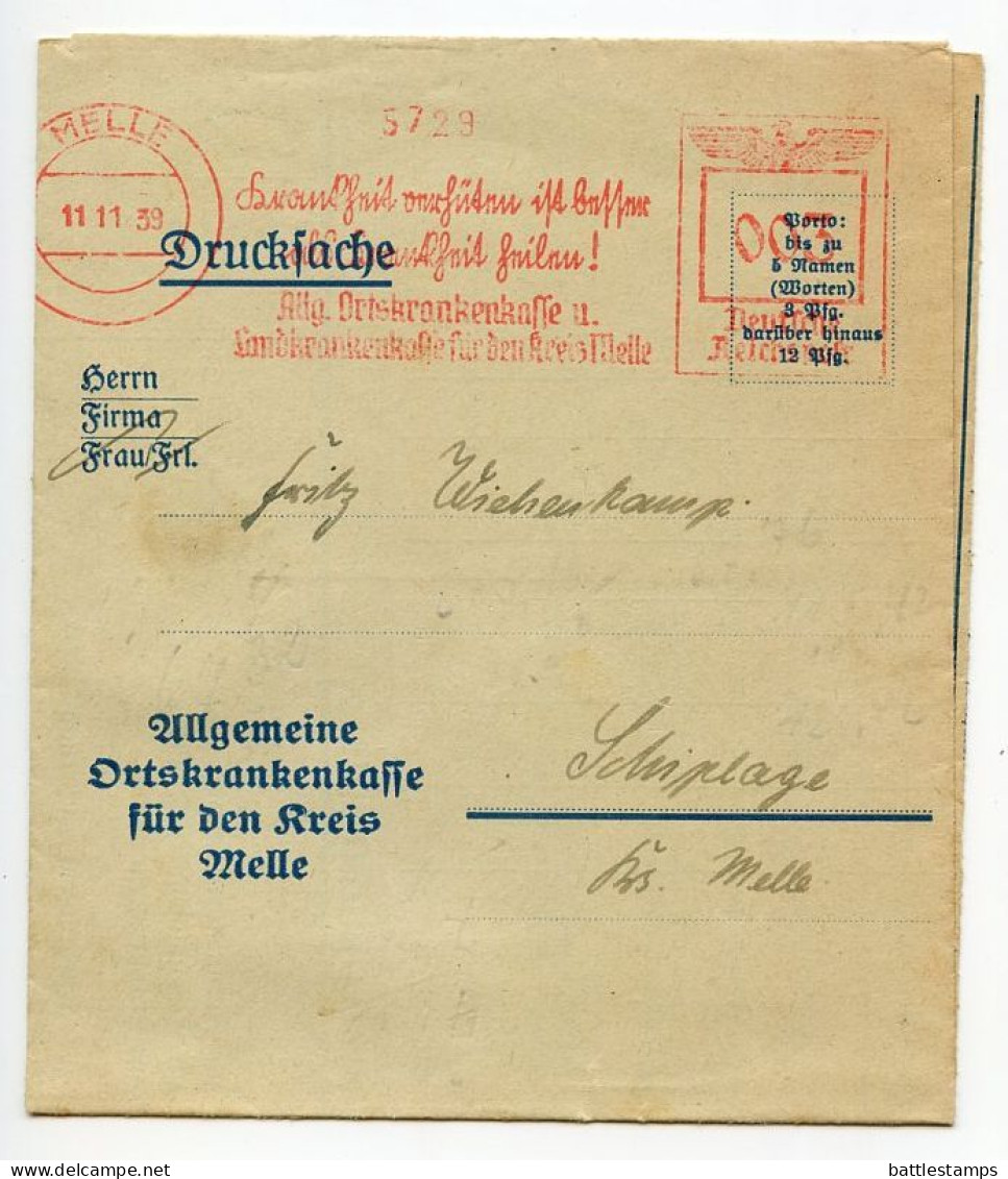 Germany 1939 3pf. Meter W/ Slogan - Folded Zahlkarte; Allgemeinen Ortskrankenkasse Für Den Kreis Melle - Maschinenstempel (EMA)