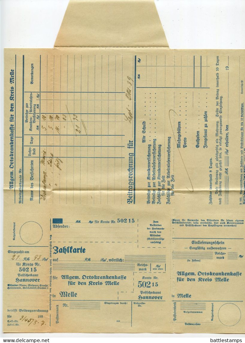 Germany 1939 3pf. Meter W/ Slogan - Folded Zahlkarte; Allgemeinen Ortskrankenkasse Für Den Kreis Melle - Frankeermachines (EMA)