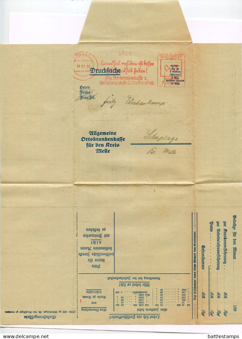 Germany 1939 3pf. Meter W/ Slogan - Folded Zahlkarte; Allgemeinen Ortskrankenkasse Für Den Kreis Melle - Maschinenstempel (EMA)