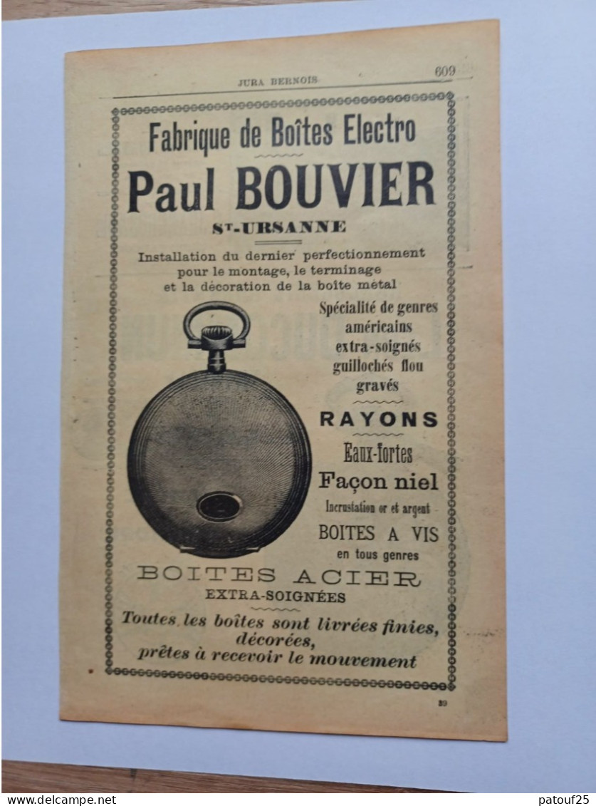 Ancienne Publicité Horlogerie PAUL BOUVIER STE URSANNE  Suisse 1914 - Switzerland