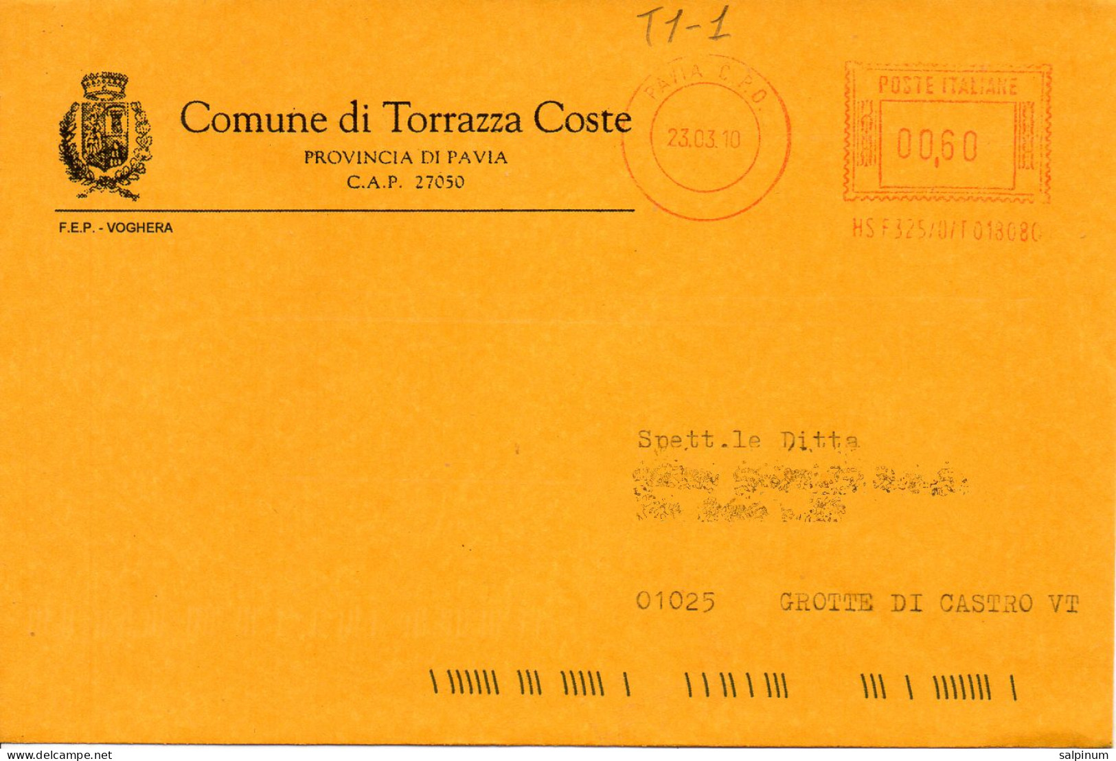 Stemma Comune Di Torrazza Coste (Provincia Di Pavia) Su Busta Tipo 1 Anno 2010 - Briefe U. Dokumente