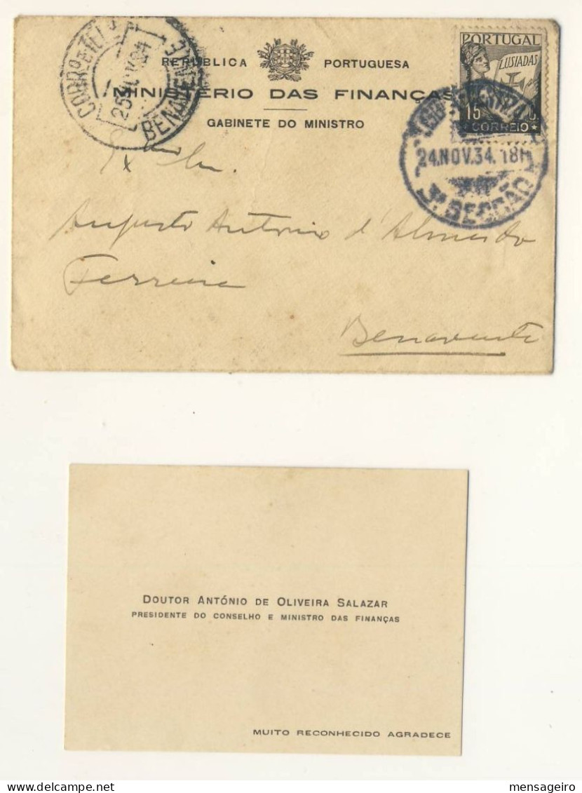(C02) -  PORTUGAL LUSIADAS - AFINSA N°517 - LETTRE LISBOA => BENAVENTE 1934 + CARTE DE VISITE ANTONIO SALAZAR - Covers & Documents