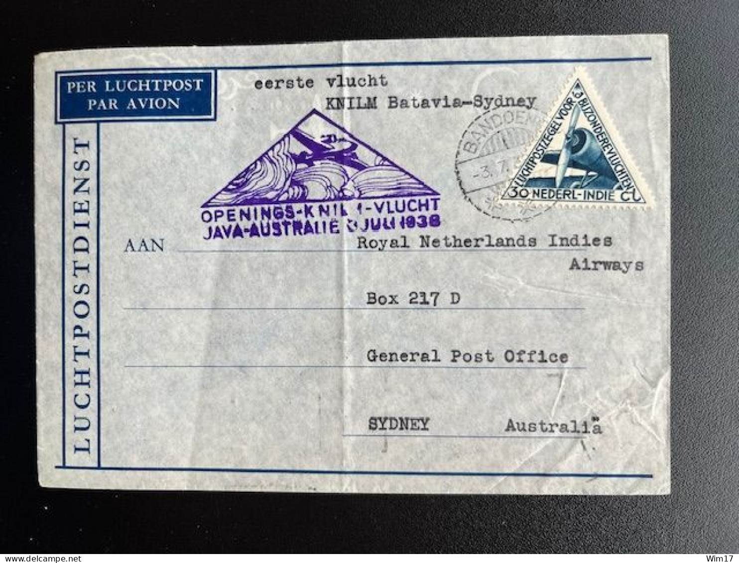 DUTCH EAST INDIES 1938 AIR MAIL LETTER FIRST FLIGHT KNILM BANDOENG JAVA TO SYDNEY AUSTRALIA 03-07-1938 NEDERLANDS INDIE - Indie Olandesi