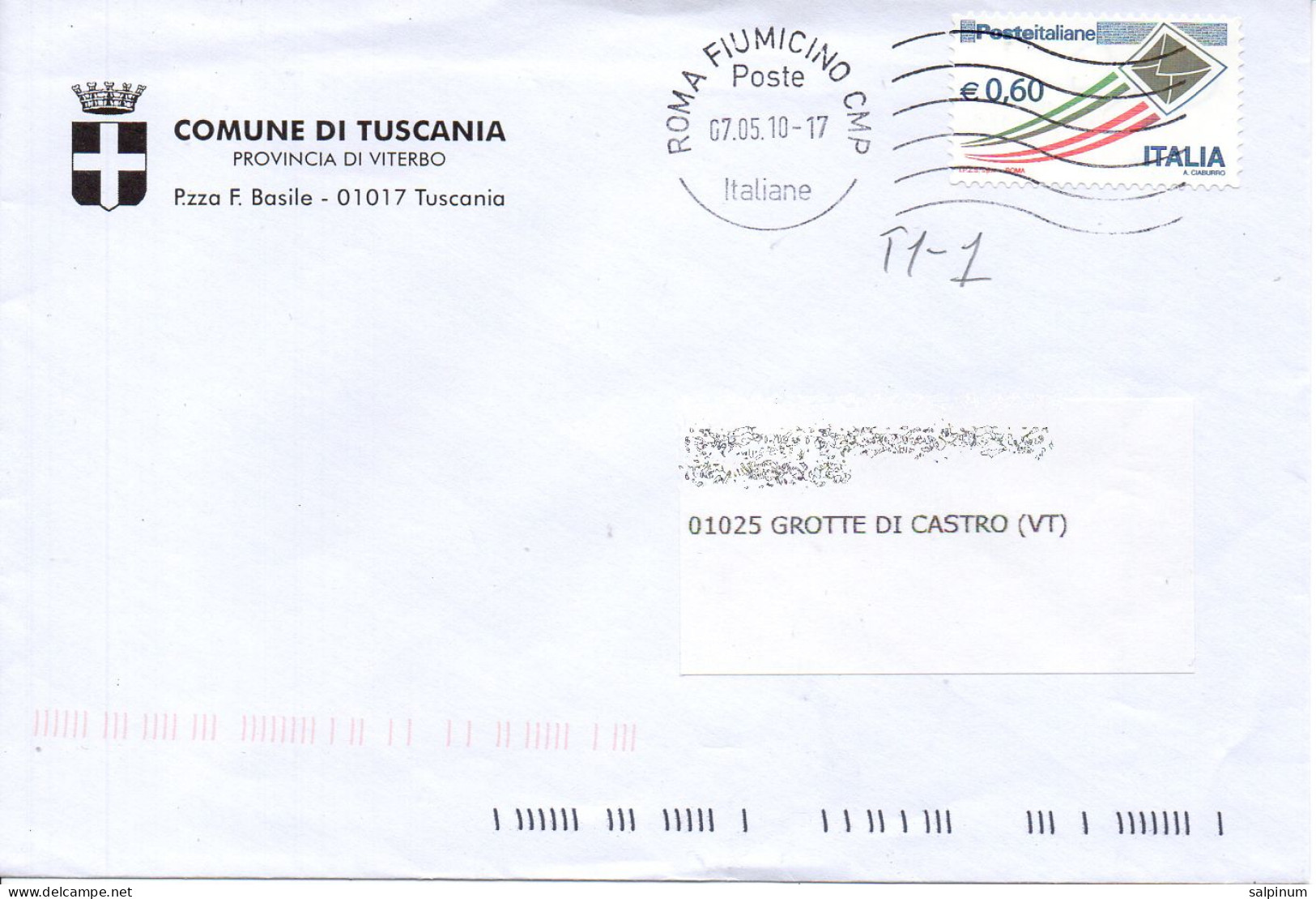 Stemma Comune Di Tuscania (Provincia Di Viterbo) Su Busta Tipo 1 Anno 2010 - Briefe U. Dokumente