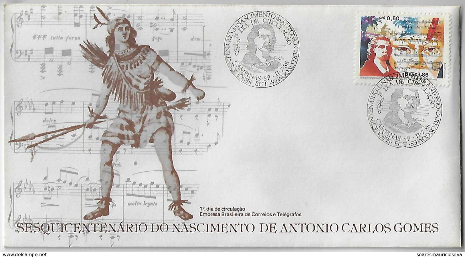 Brazil 1986 First Day Cover FDC 150 Years Birth Antônio Carlos Gomes Composer Music Treble Clef Opera O Guarani Indian - FDC