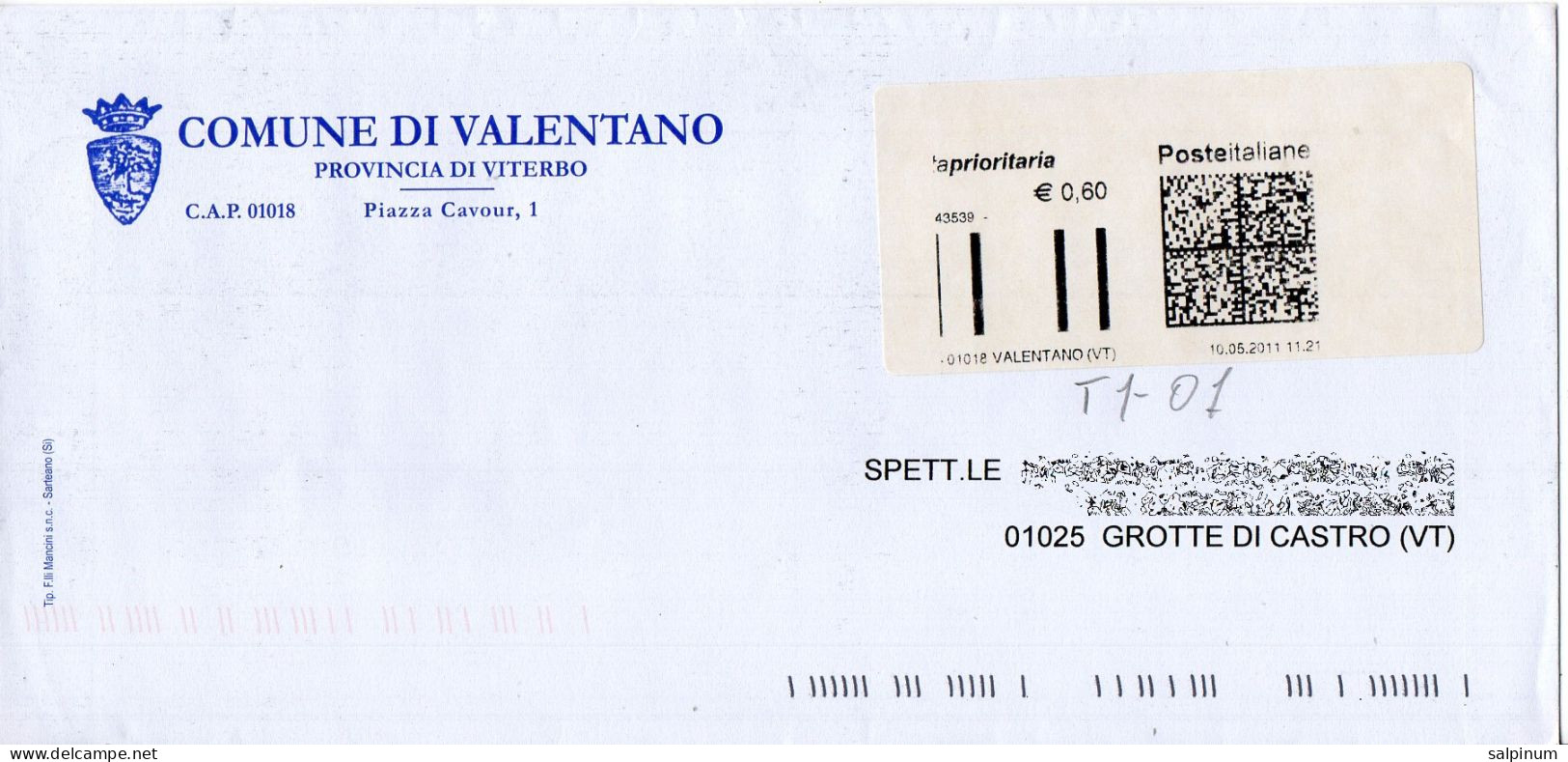 Stemma Comune Di Valentano (Provincia Di Viterbo) Su Busta Tipo 1 Anno 2011 - Enveloppes