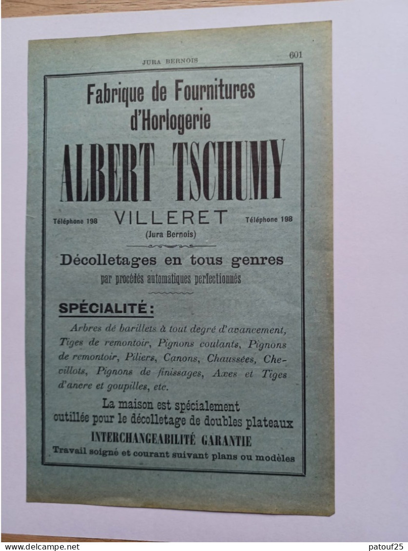Ancienne Publicité Horlogerie ALBERT TSCHUMY VILLERET Jura Bernois  Suisse 1914 - Suisse