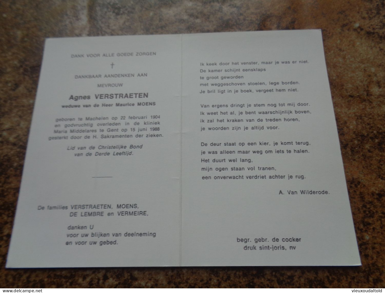 Doodsprentje/Bidprentje  Agnes VERSTRAETEN   Machelen 1904-1988 Gent  (Wwe Maurice MOENS) - Godsdienst & Esoterisme