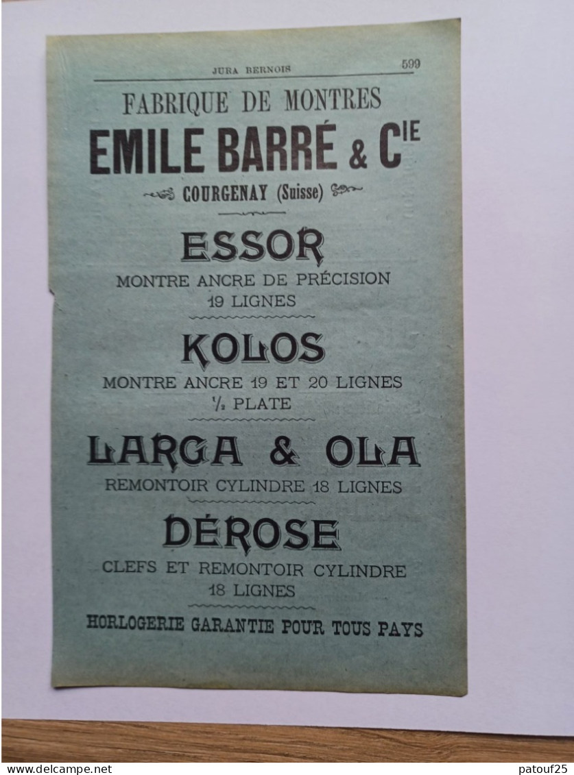 Ancienne Publicité Horlogerie EMILE BARRE ET CIE COURGENAY  Suisse 1914 - Switzerland