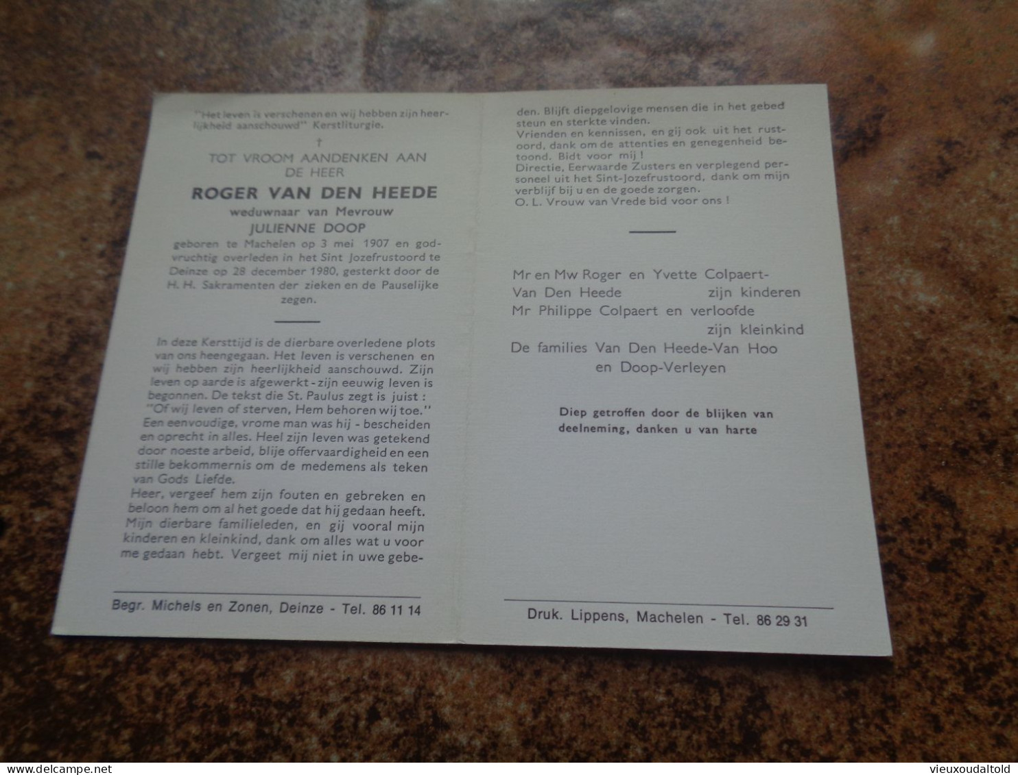 Doodsprentje/Bidprentje  ROGER VAN DEN HEEDE  Machelen 1907-1980 Deinze  (Wdr Julienne DOOP) - Religion & Esotérisme