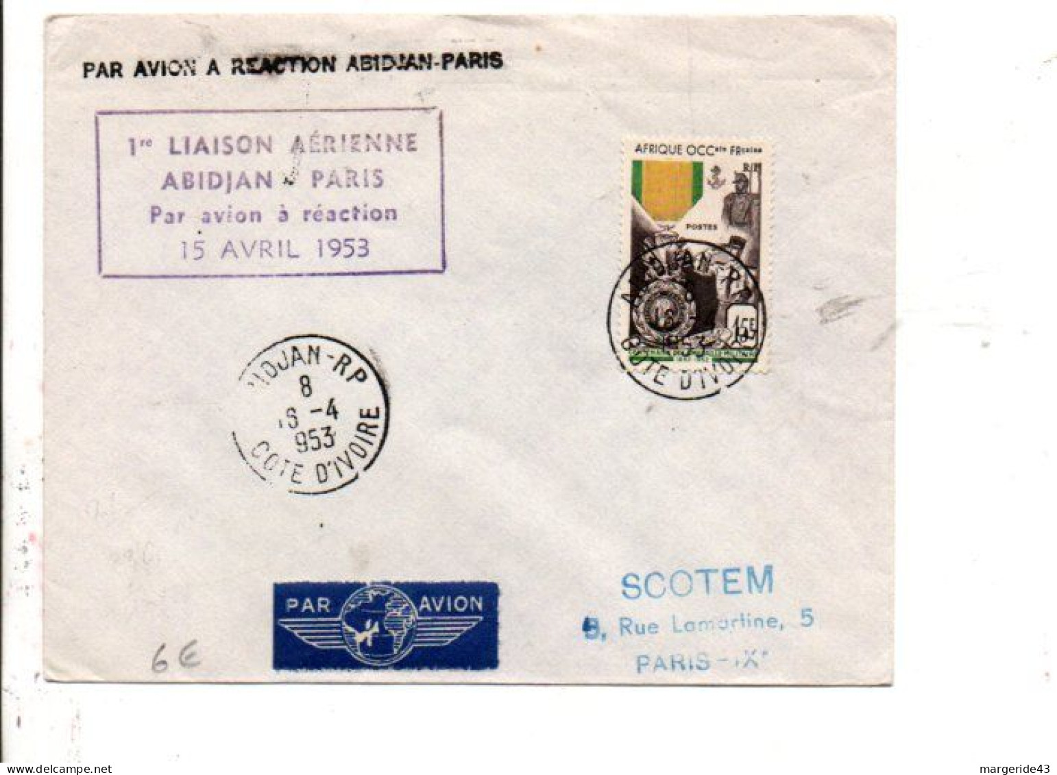 A O F 1 ère LIAISON AERIENNE ABIDJAN-PARIS PAR AVION A REACTION 1953 - Cartas & Documentos