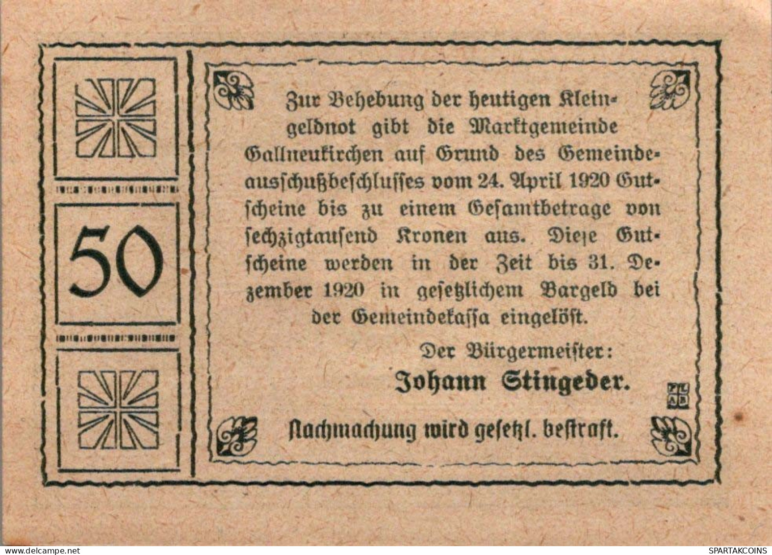 50 HELLER 1920 Stadt GALLNEUKIRCHEN Oberösterreich Österreich Notgeld Papiergeld Banknote #PG556 - [11] Lokale Uitgaven