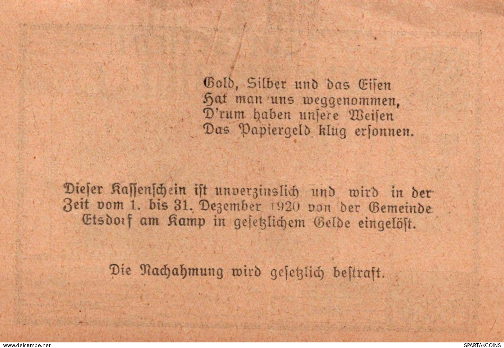 50 HELLER 1920 Stadt ETSDORF Niedrigeren Österreich Notgeld Banknote #PE961 - [11] Local Banknote Issues