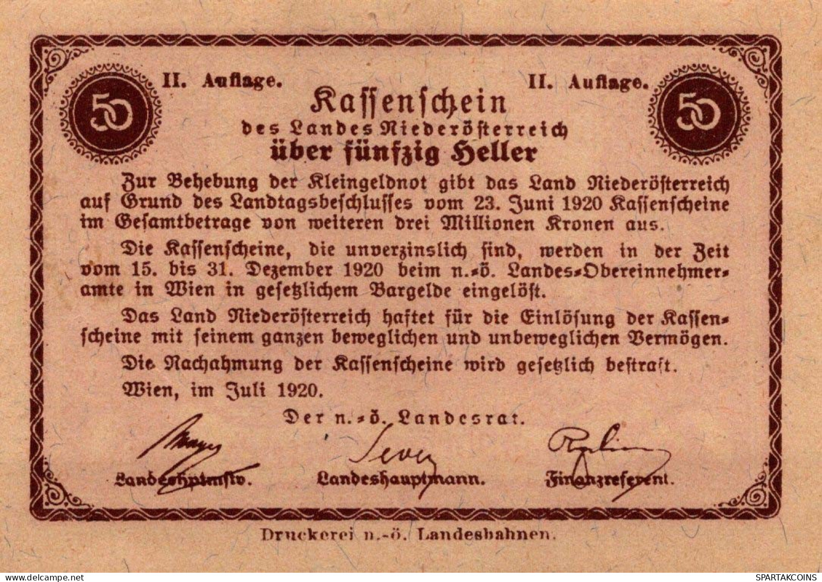 50 Heller 1920 Stadt Federal State Of Niedrigeren Österreich #PE212 - [11] Local Banknote Issues