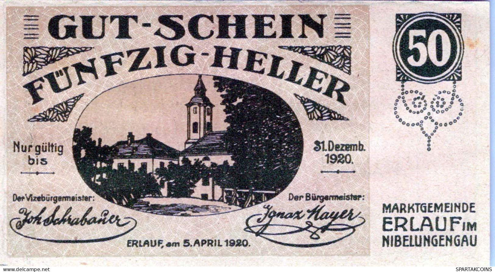 50 HELLER 1920 Stadt ERLAUF IM NIBELUNGENGAU Niedrigeren Österreich Notgeld Papiergeld Banknote #PG819 - [11] Local Banknote Issues
