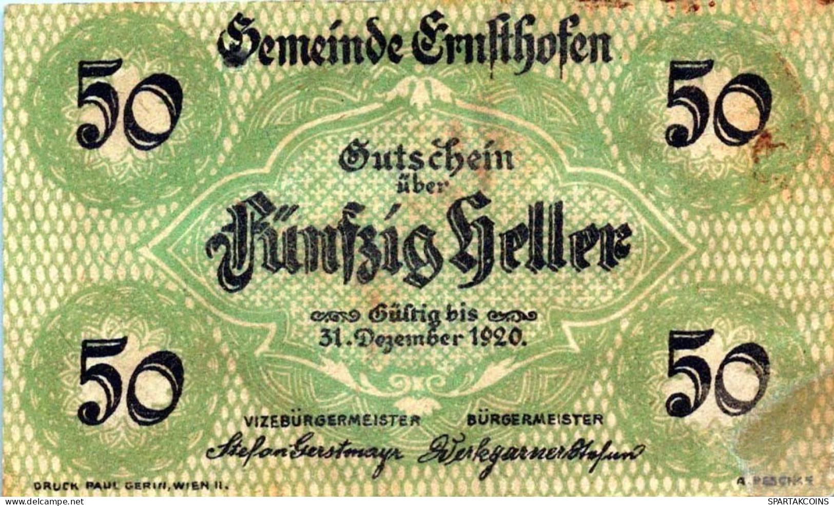 50 HELLER 1920 Stadt ERNSTHOFEN Niedrigeren Österreich Notgeld #PF084 - [11] Local Banknote Issues