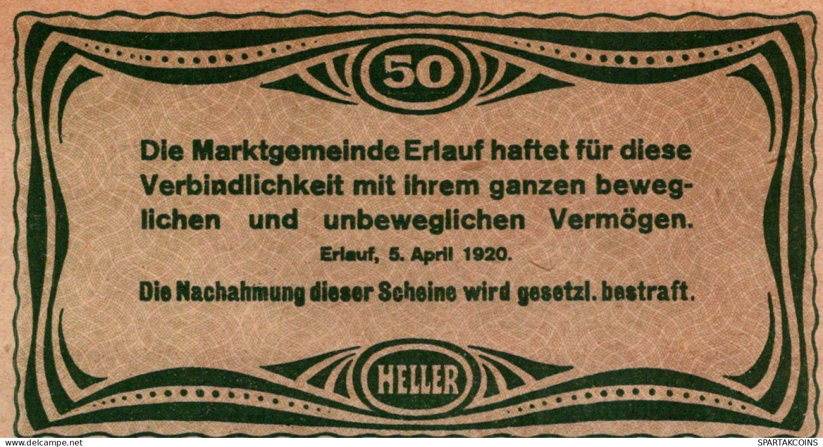 50 HELLER 1920 Stadt ERLAUF IM NIBELUNGENGAU Niedrigeren Österreich #PE935 - [11] Local Banknote Issues