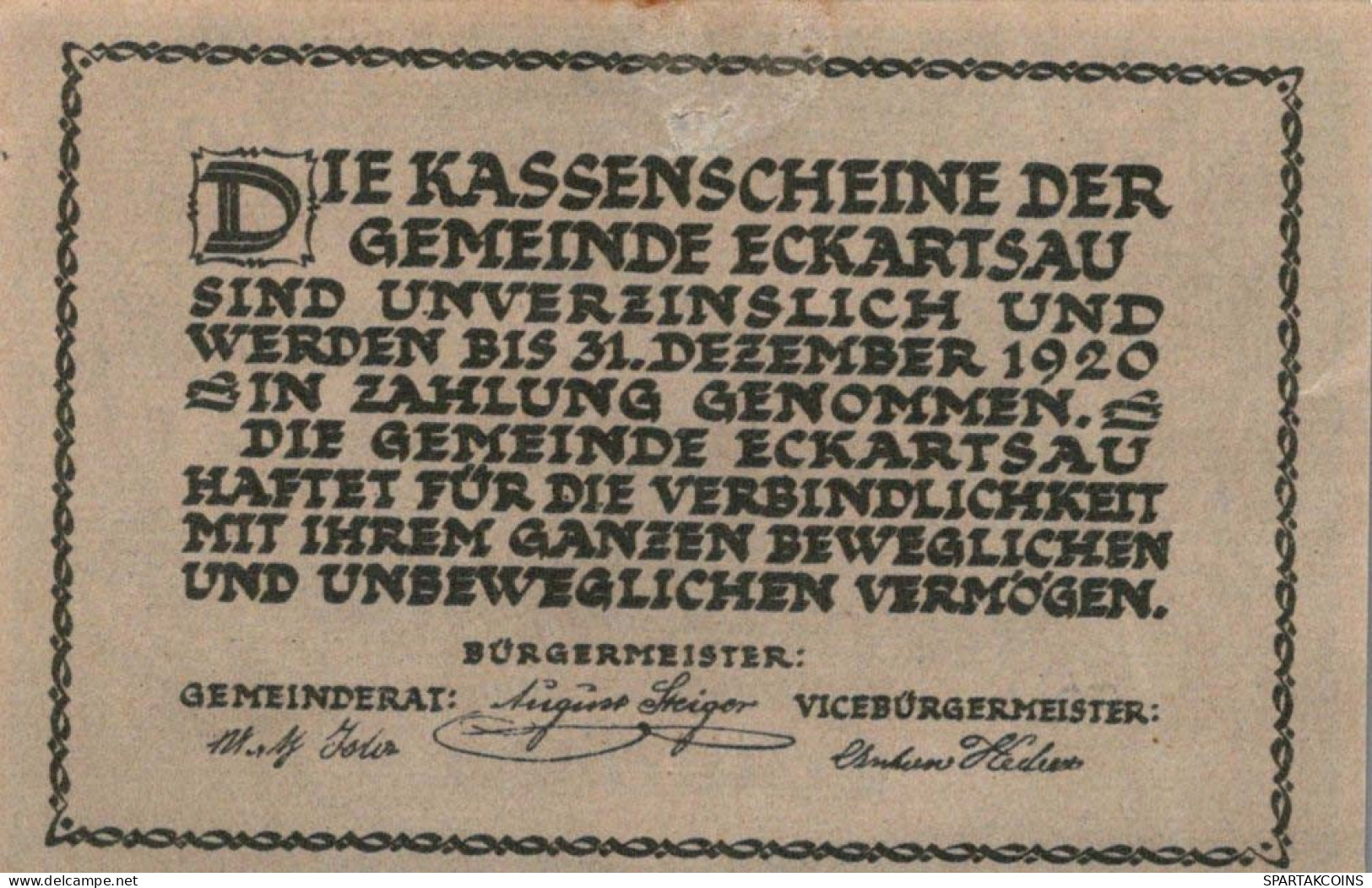 50 HELLER 1920 Stadt ECKARTSAU Niedrigeren Österreich Notgeld Banknote #PI341 - [11] Local Banknote Issues