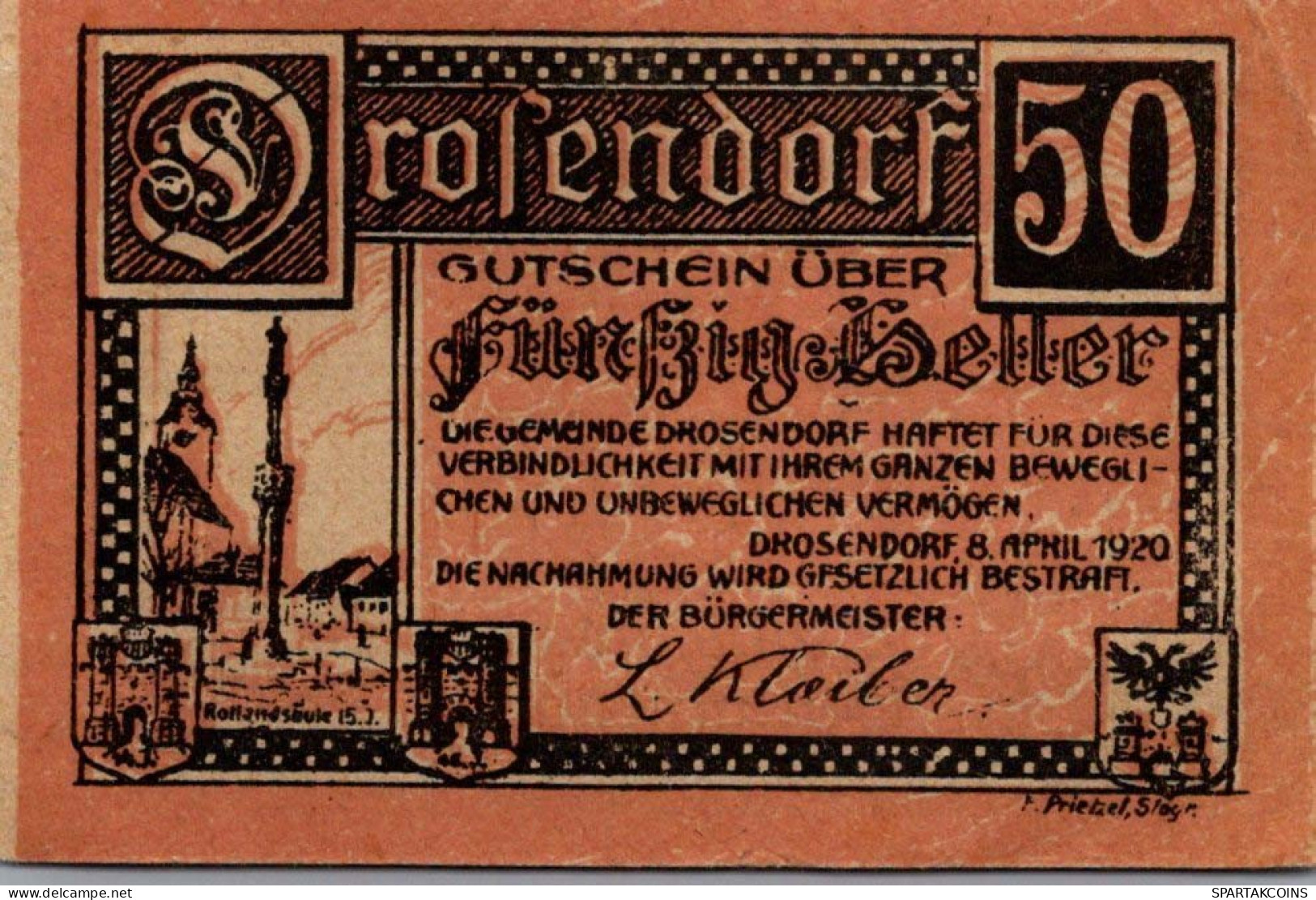50 HELLER 1920 Stadt DROSENDORF Niedrigeren Österreich Notgeld #PE993 - [11] Local Banknote Issues