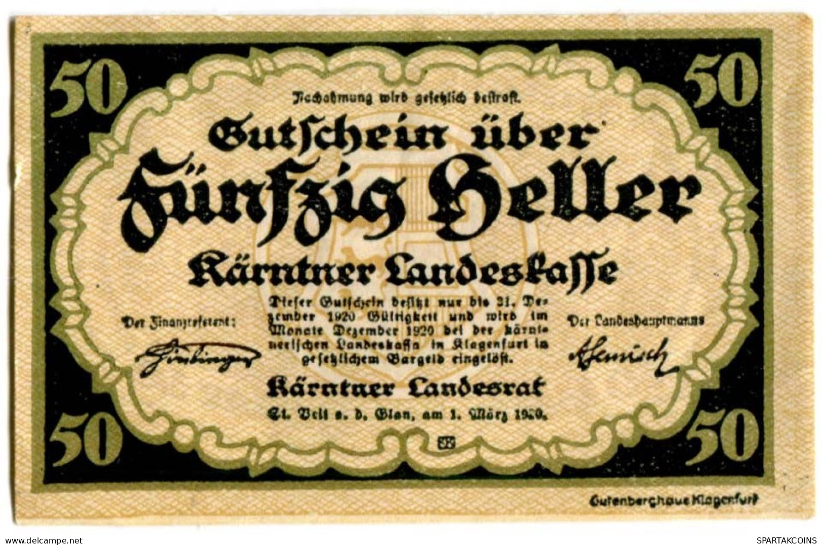 50 HELLER 1920 Stadt CARINTHIA Carinthia Österreich Notgeld Papiergeld Banknote #PL587 - [11] Local Banknote Issues