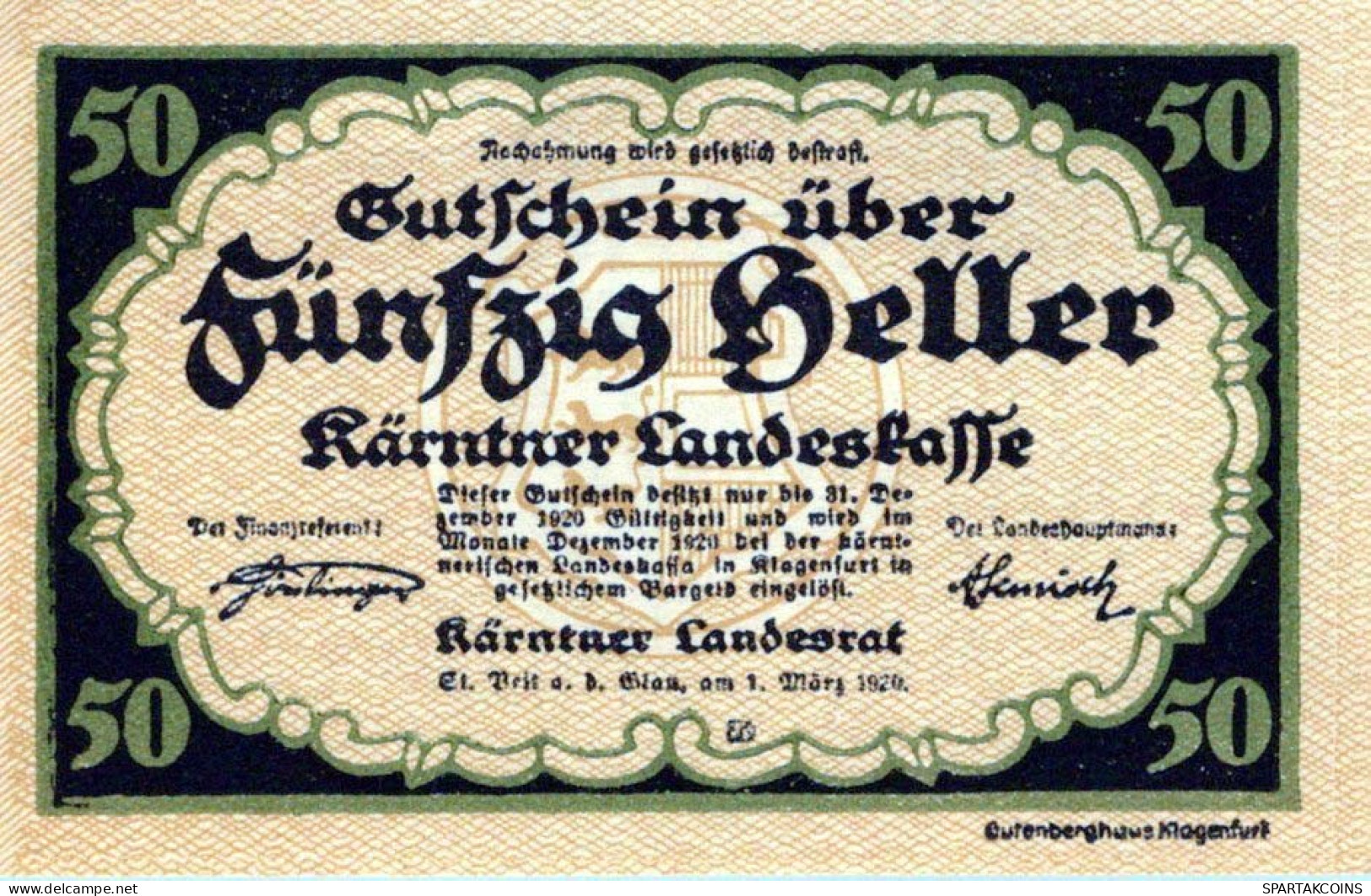 50 HELLER 1920 Stadt CARINTHIA Carinthia Österreich Notgeld Banknote #PF770 - [11] Local Banknote Issues