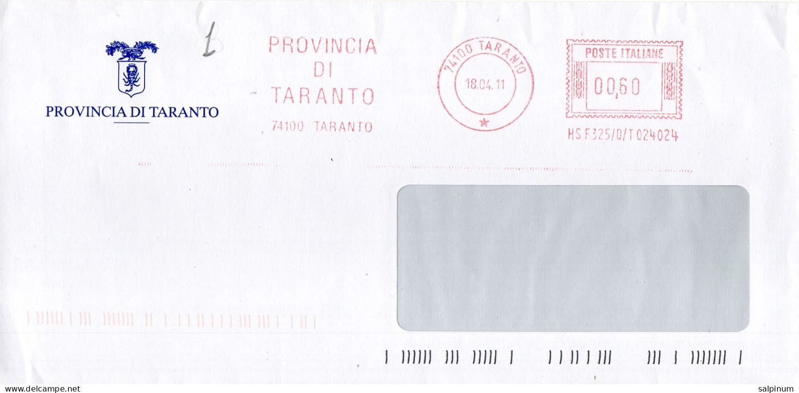 Stemma Provincia Di Taranto Su Busta Tipo 1 Anno 2011 - Briefe U. Dokumente