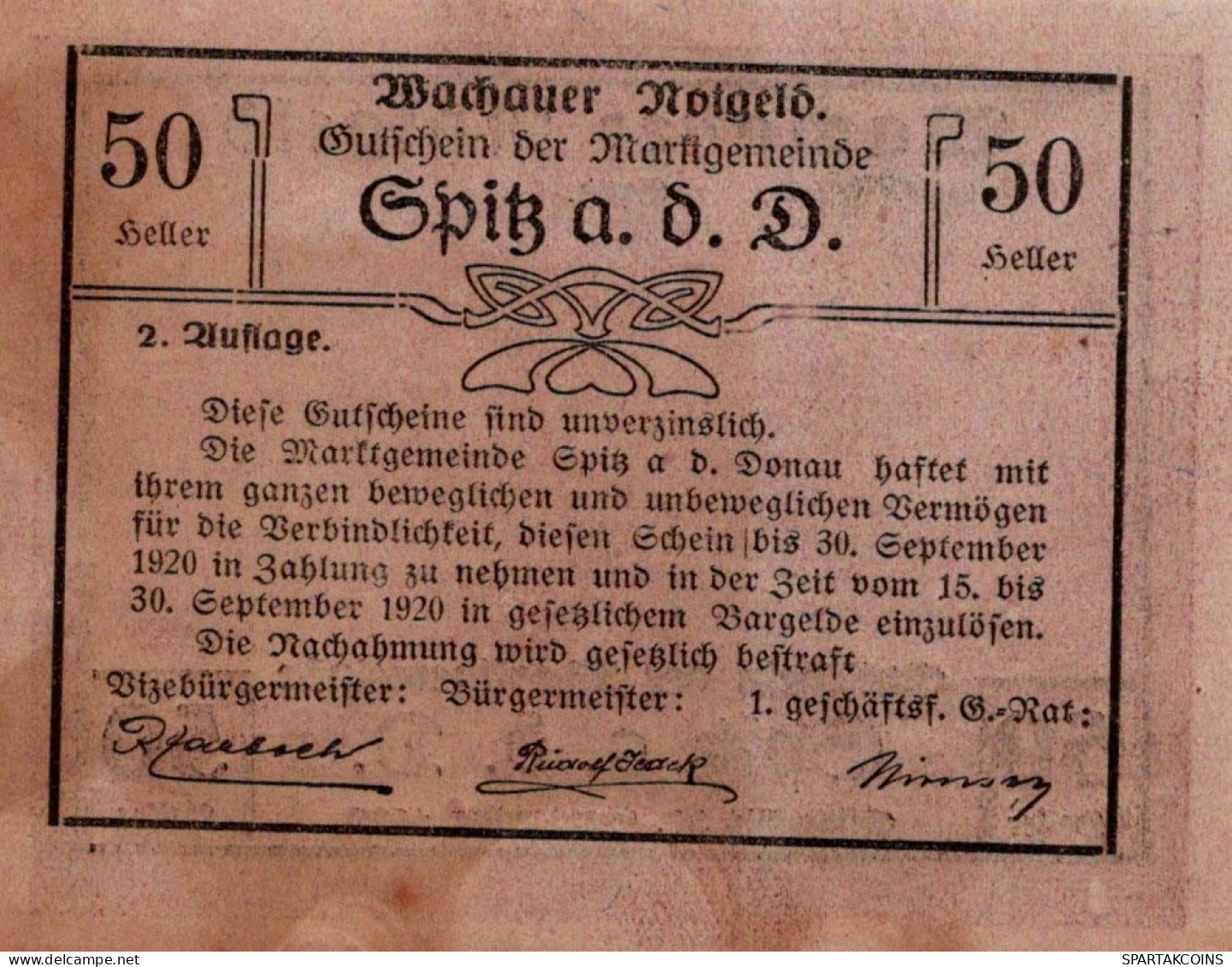50 HELLER 1920 Stadt WACHAU Niedrigeren Österreich Notgeld Banknote #PF287 - [11] Emissions Locales