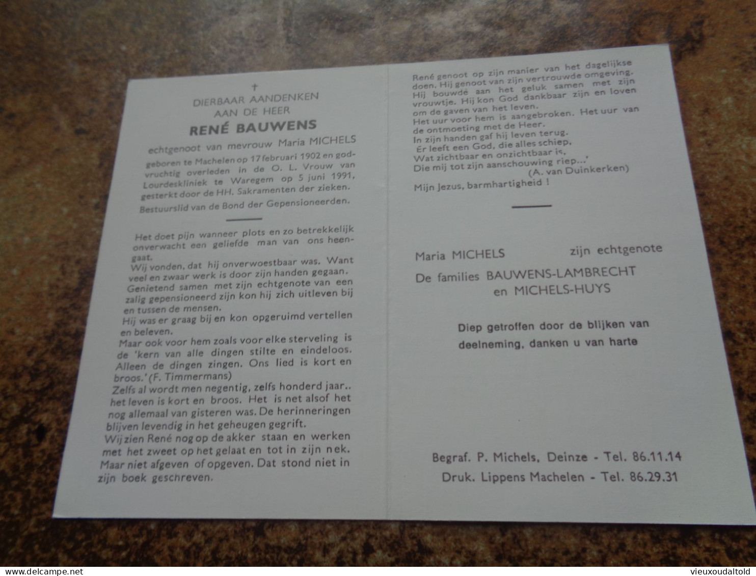 Doodsprentje/Bidprentje  RENÉ BAUWENS   Machelen 1902-1991 Waregem  (Echtg Maria MICHELS) - Religion & Esotérisme