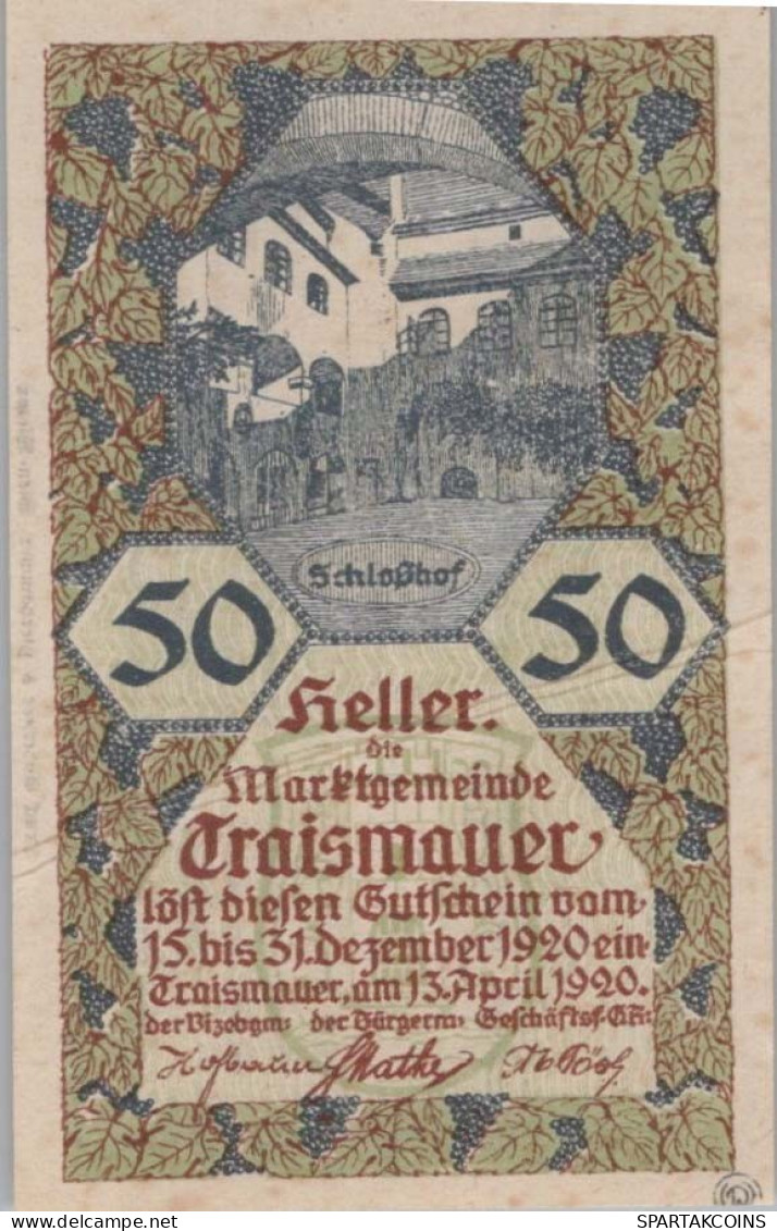 50 HELLER 1920 Stadt TRAISMAUER Niedrigeren Österreich Notgeld Papiergeld Banknote #PG731 - [11] Emissions Locales
