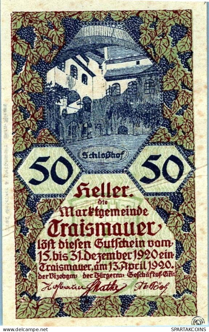 50 HELLER 1920 Stadt TRAISMAUER Niedrigeren Österreich Notgeld Papiergeld Banknote #PG731 - [11] Emissions Locales