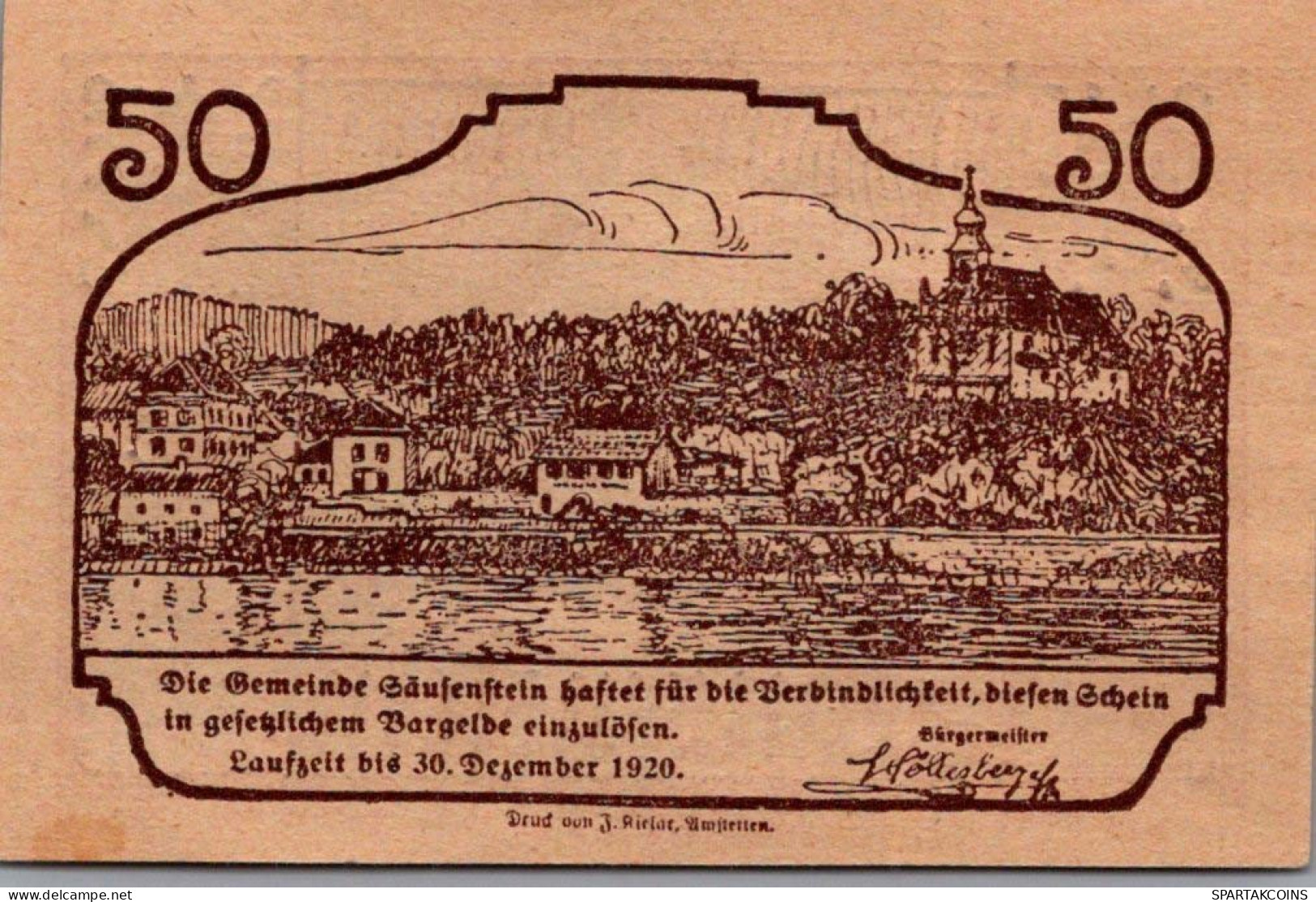 50 HELLER 1920 Stadt SÄUSENSTEIN Niedrigeren Österreich Notgeld #PI160 - Lokale Ausgaben