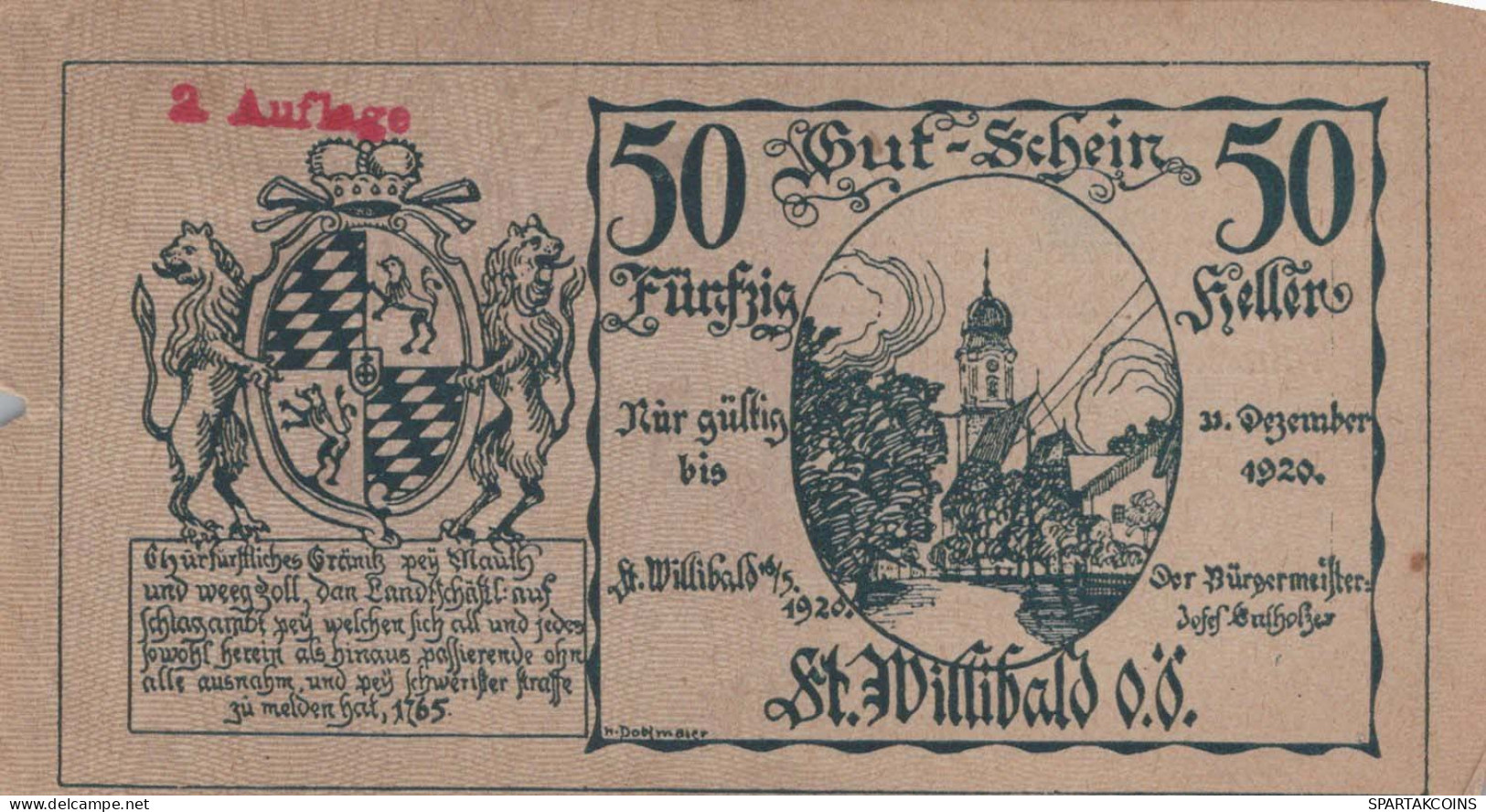 50 HELLER 1920 Stadt SANKT WILLIBALD Oberösterreich Österreich Notgeld #PF777 - [11] Lokale Uitgaven