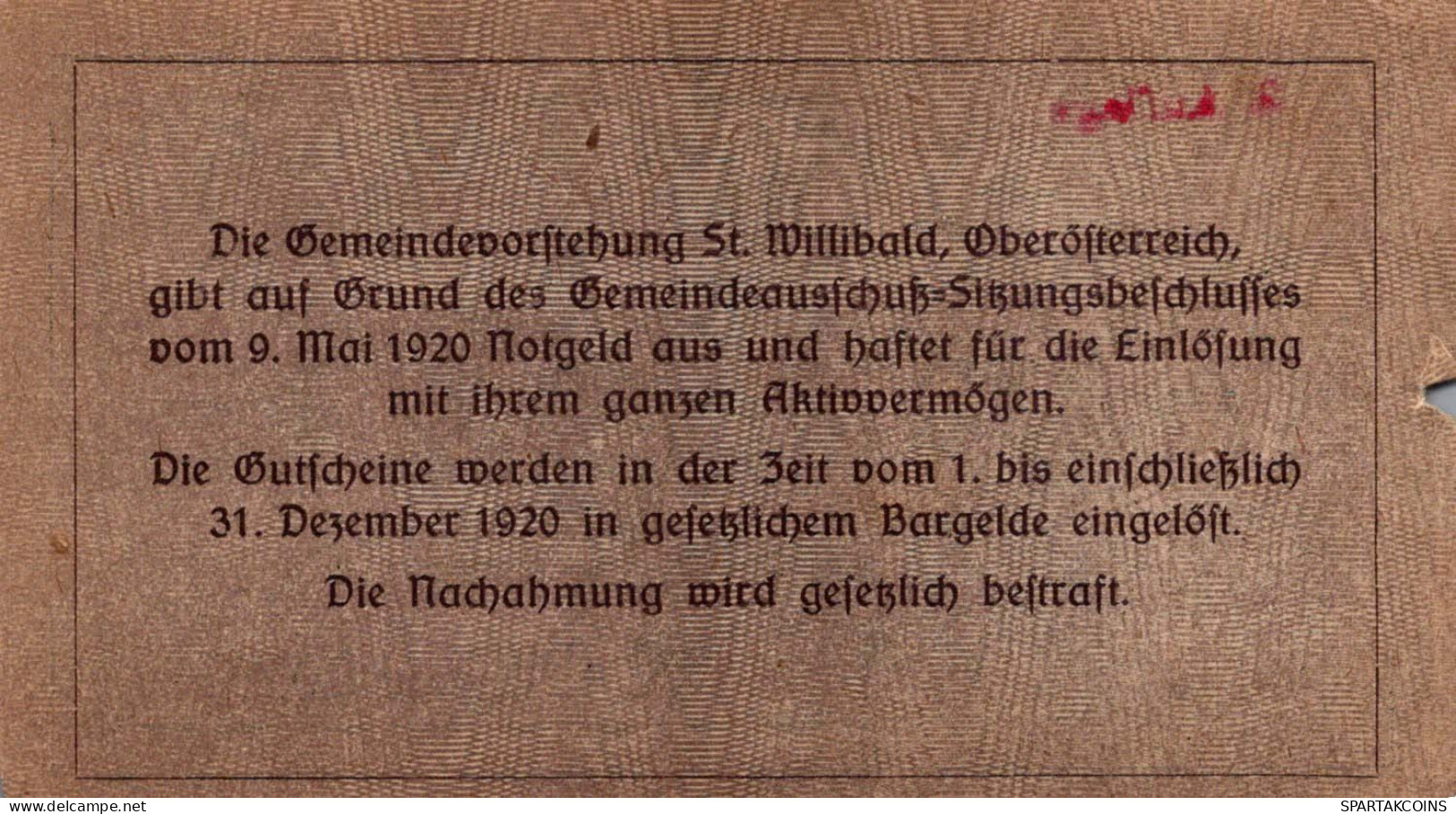 50 HELLER 1920 Stadt SANKT WILLIBALD Oberösterreich Österreich Notgeld #PF777 - [11] Lokale Uitgaven