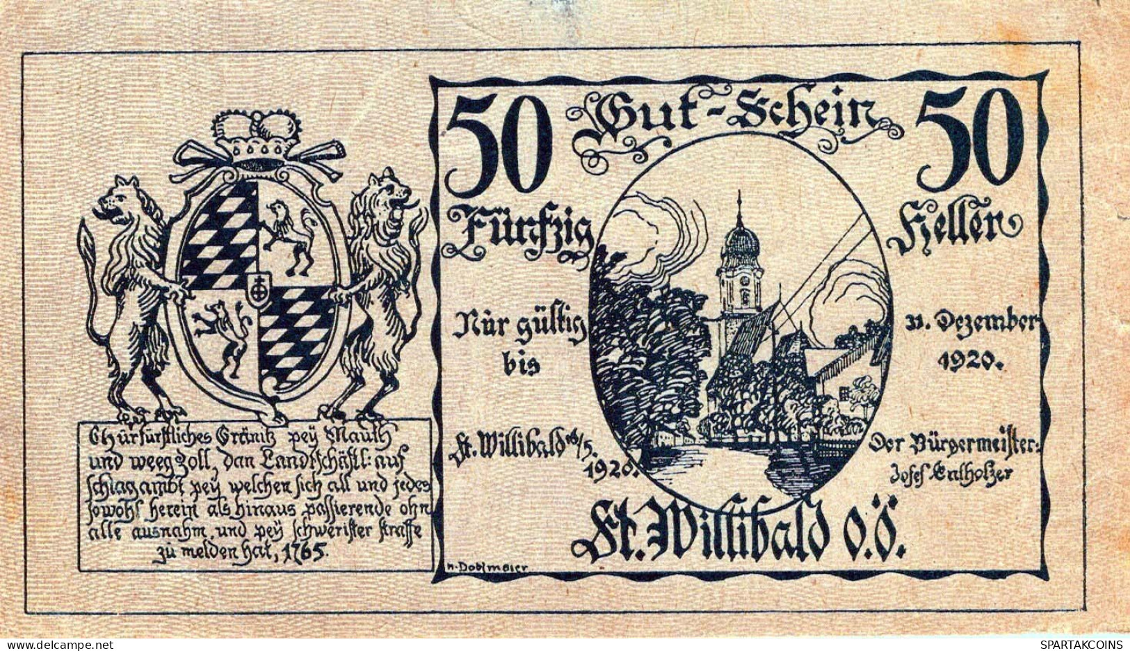 50 HELLER 1920 Stadt SANKT WILLIBALD Oberösterreich Österreich Notgeld #PI262 - Lokale Ausgaben