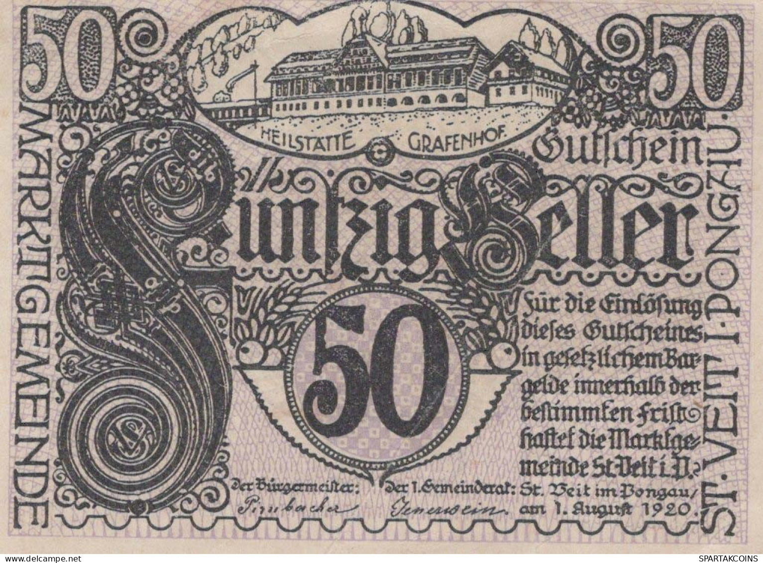 50 HELLER 1920 Stadt SANKT VEIT IM PONGAU Salzburg Österreich Notgeld #PF055 - [11] Local Banknote Issues