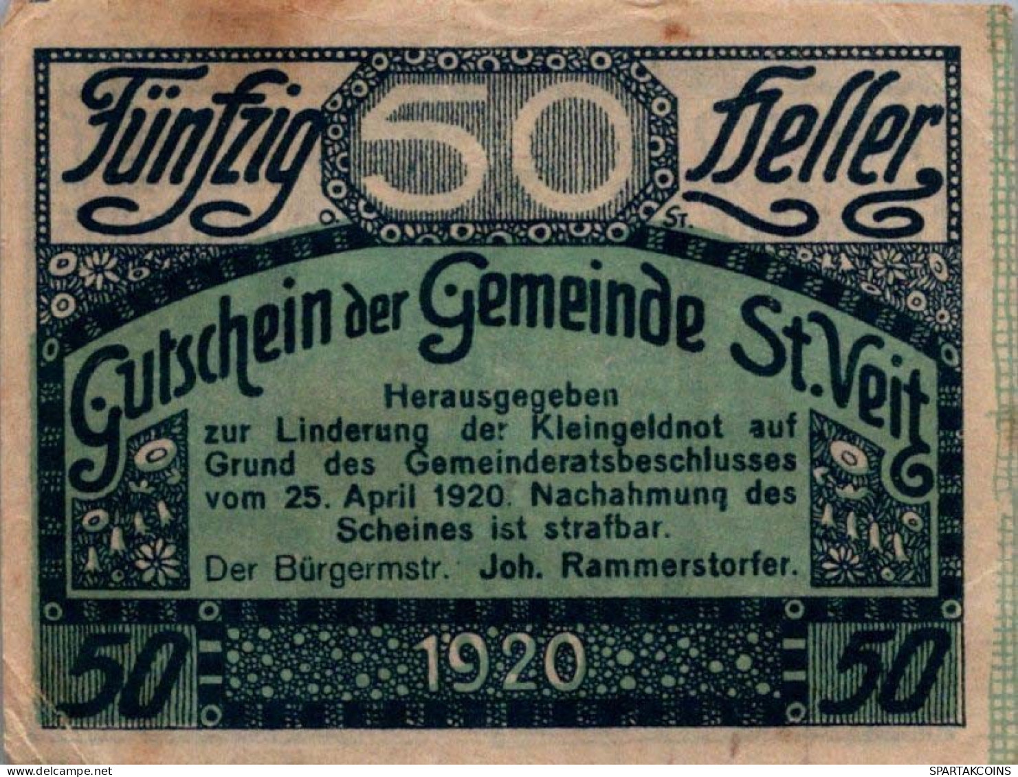 50 HELLER 1920 Stadt SANKT VEIT IM MÜHLKREIS Oberösterreich Österreich #PE644 - [11] Lokale Uitgaven