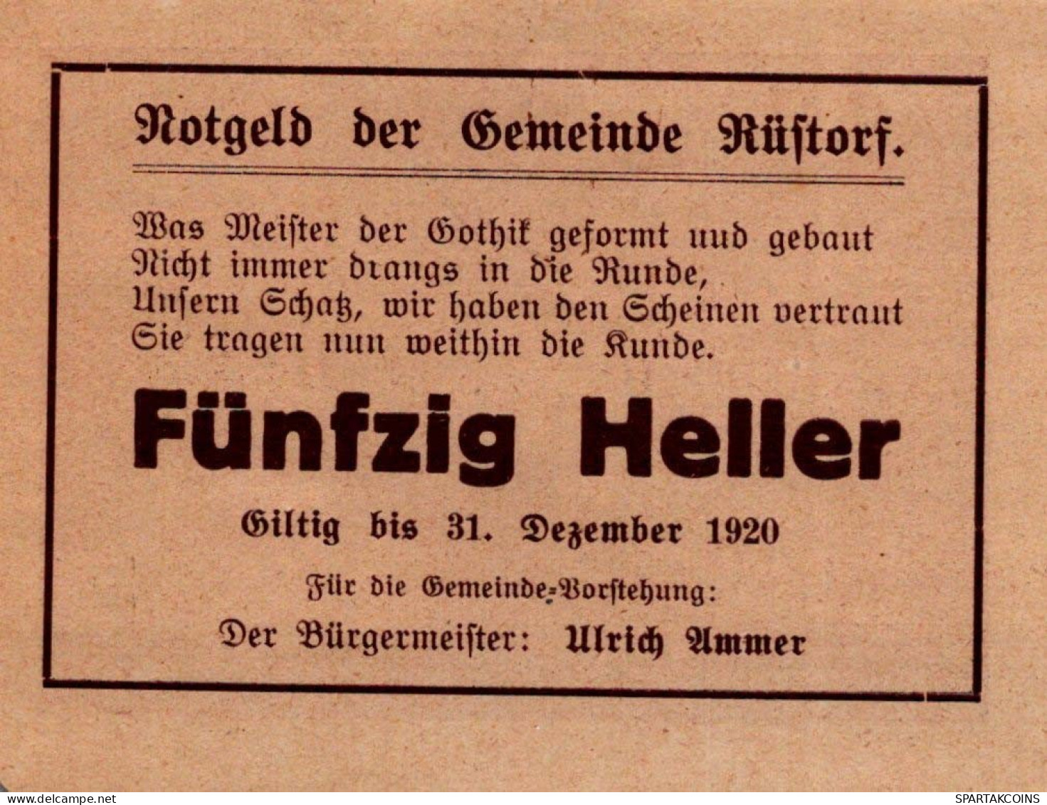 50 HELLER 1920 Stadt RÜSTORF Oberösterreich Österreich Notgeld Banknote #PJ218 - [11] Local Banknote Issues