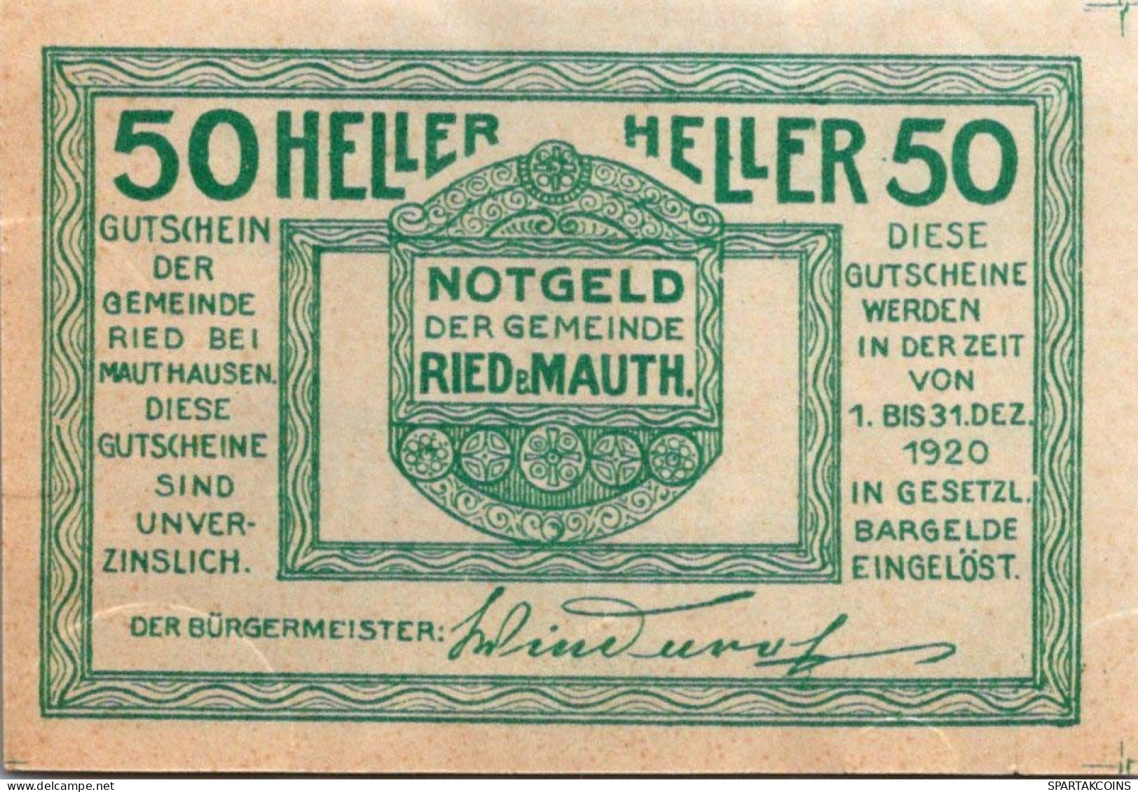 50 HELLER 1920 Stadt Ried Bei Mauthausen Österreich Notgeld Banknote #PD978 - Lokale Ausgaben