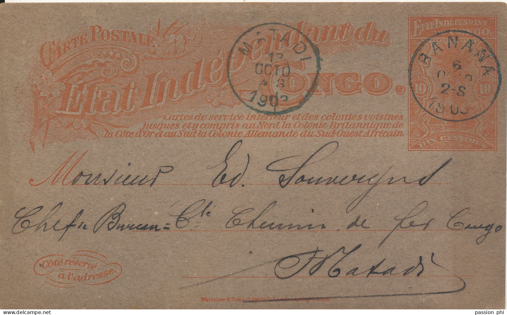 BELGIAN CONGO  PS SBEP 18a INLAND FROM BANANA 6.10.1903 TO MATADI - Stamped Stationery