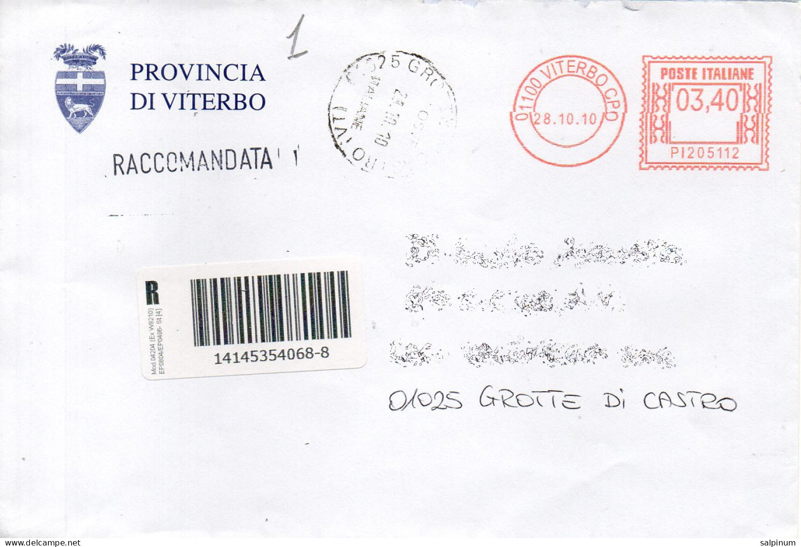 Stemma Provincia Di Viterbo Su Busta Tipo 1 Anno 2010 - Enveloppes
