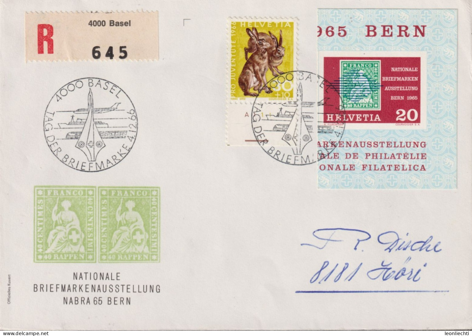 1966 Schweiz R-Brief, Nationale Briefmarkenausstellung NABRA, Zum: W42+J218, Mi: 813+848,ⵙ 4000 BASEL,TAG DER BRIEFMARKE - Filatelistische Tentoonstellingen