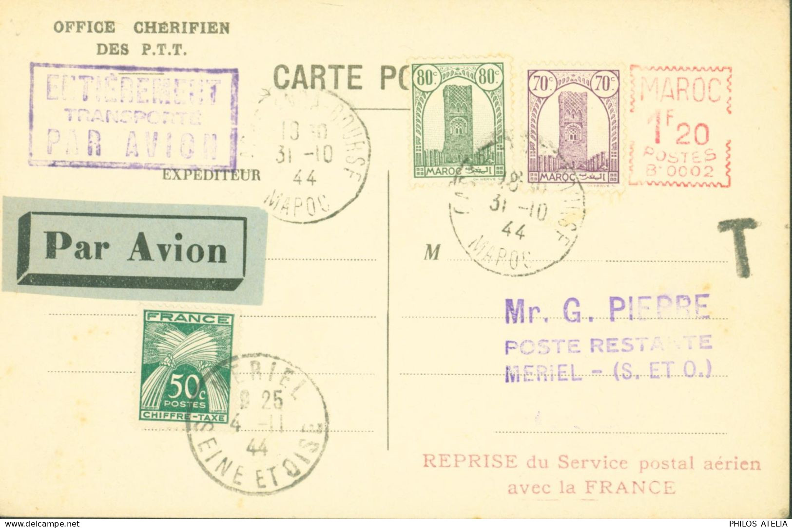 CP Office Chérifien PTT Par Avion Machine à Affranchir Maroc 1F2  B0002 Cachet Reprise Service Postal Aérien Avec France - Airmail