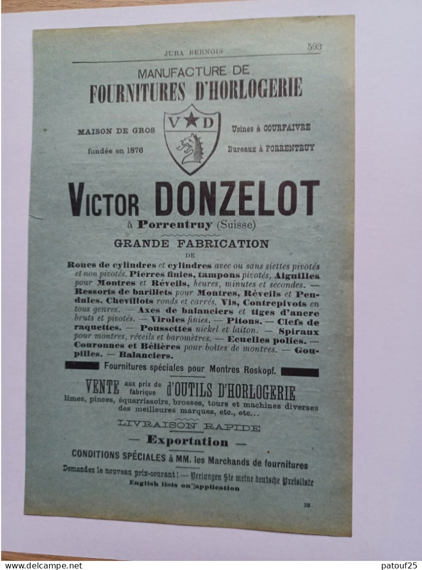 Ancienne Publicité Horlogerie VICTOR DONZELOT PORRENTRUY Suisse 1914 - Schweiz