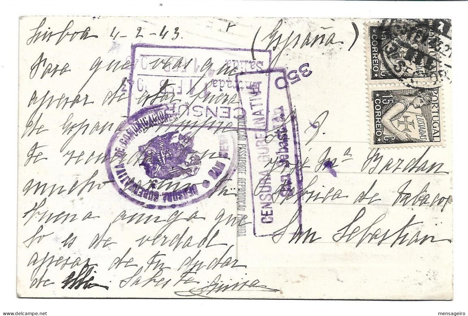 (P88) - AFINSA N°517 X2 - CARTE LISBOA => ESPAGNE 1943 + CENSURE SAN SEBASTIAN - Lettres & Documents