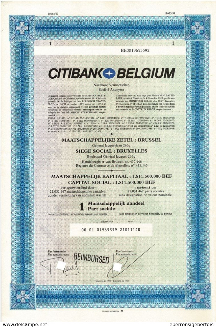 - Titre De 1991 - Citibank Belgium - EF - Bank & Insurance