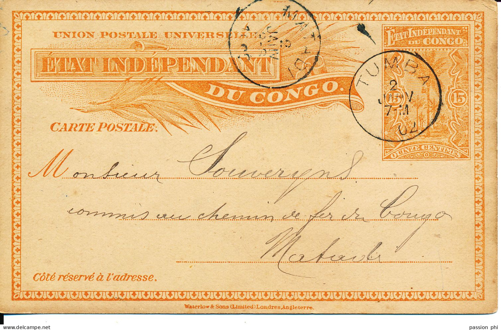 BELGIAN CONGO  PS SBEP 15 INLAND FROM TUMBA 02.01.1902 TO MATADI - Stamped Stationery