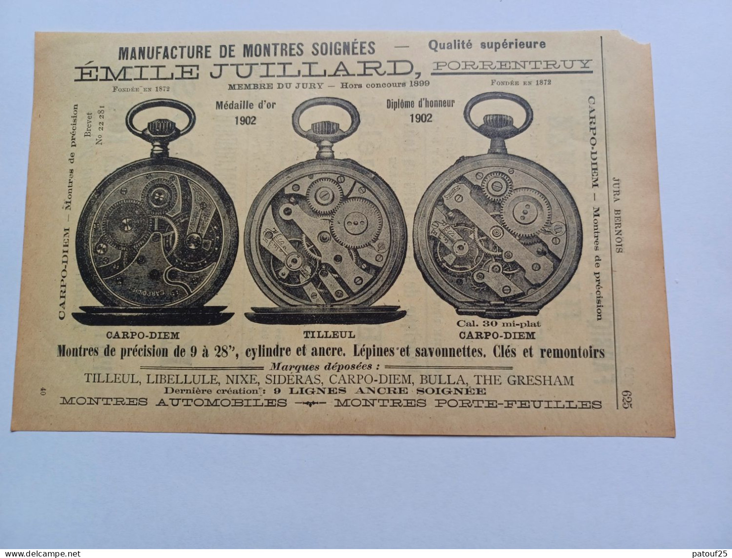 Ancienne Publicité Horlogerie Emile Juillard PORRENTRUY Suisse 1914 - Suiza