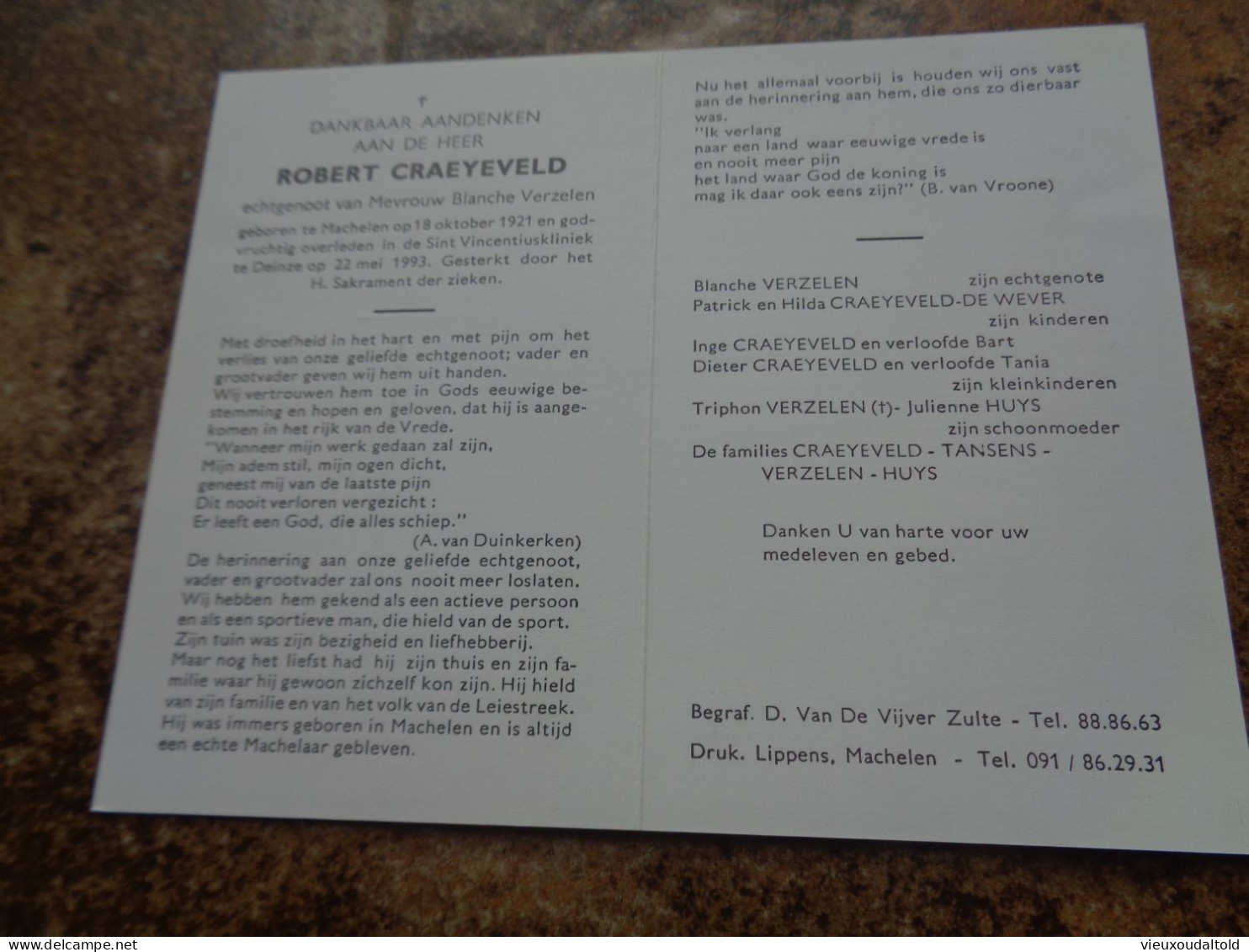 Doodsprentje/Bidprentje  ROBERT CRAEYEVELD   Machelen 1921-1993 Deinze  (Echtg Blanche Verzelen) - Godsdienst & Esoterisme