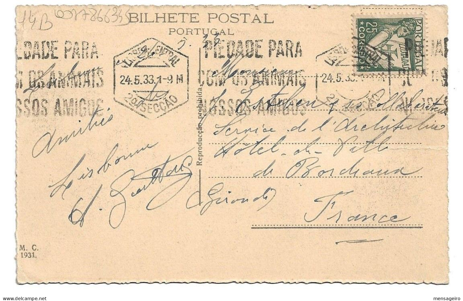 (P88) - AFINSA N°519 - CARTE LISBOA => FRANCE 1933 - Briefe U. Dokumente